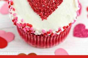 Photo of Sprinkle Heart Cupcakes with text overlay for Pinterest