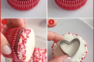 6-photo collage with process photos showing how to make Sprinkle Heart Cupcakes for Pinterest