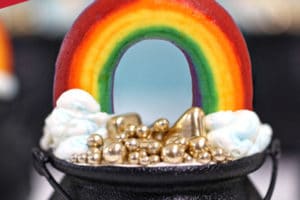 Buttercream Rainbows on Pot of Gold cupcakes with text overlay for Pinterest