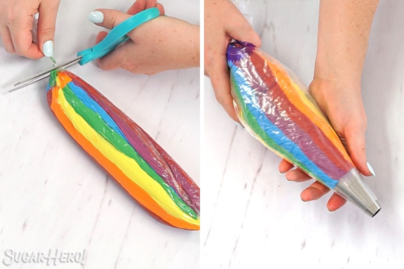 Two-photo collage showing how to fill a piping bag with rainbow buttercream