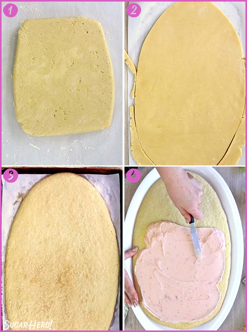 Four-photo collage showing steps to assemble fruit pizza