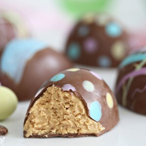 Close-up of Peanut Butter Easter Eggs with a bite taken out
