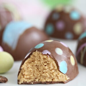 Close-up of Peanut Butter Easter Egg with a bite taken out of it