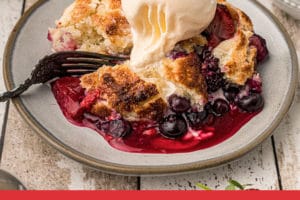 Picture of Mixed Berry Cobbler with text overlay for Pinterest.