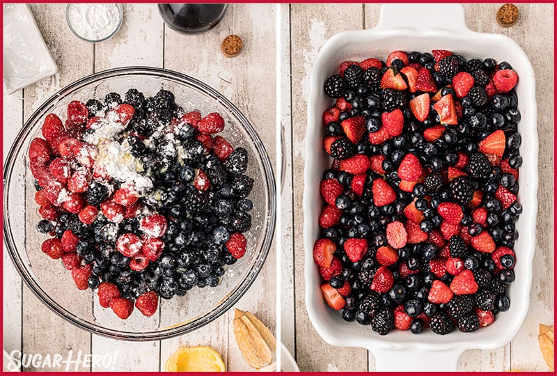 Two photo collage showing how to prepare berries for berry cobbler