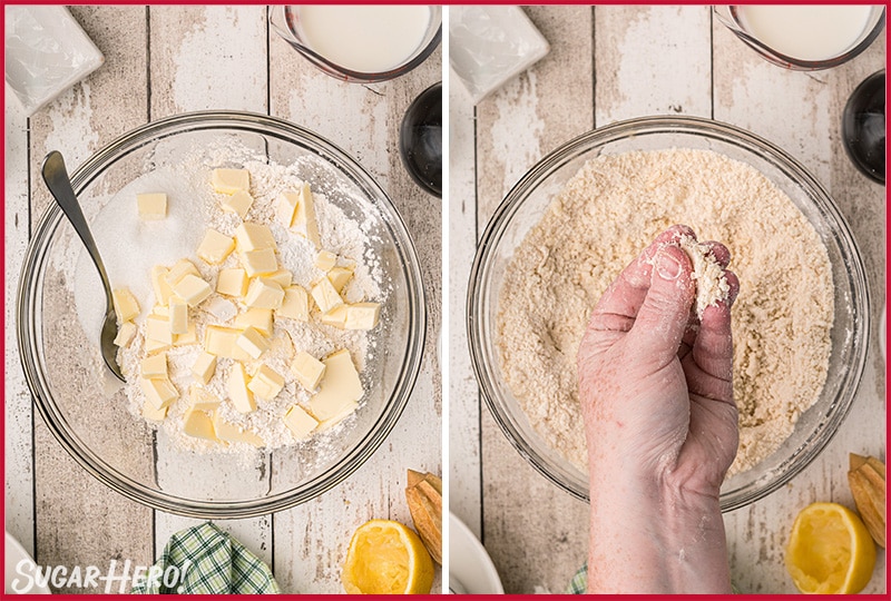 Two photo collage showing rubbing butter into biscuit dough