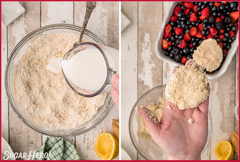 Two photo collage showing how to prepare the biscuit topping for berry cobbler