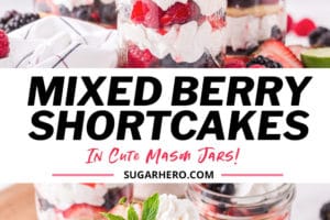 Two-photo collage of Berry Shortcake in a Jar with text overlay for Pinterest