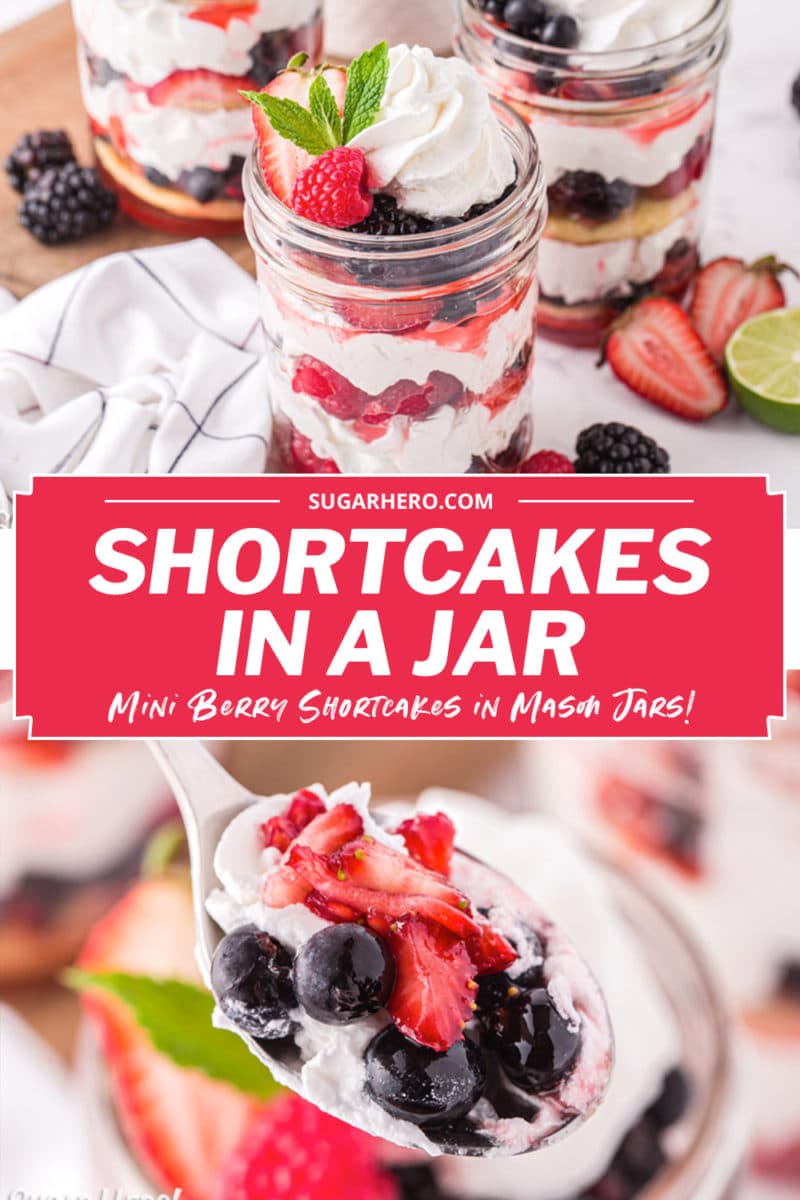 Two-photo collage of Berry Shortcake in a Jar with text overlay for Pinterest