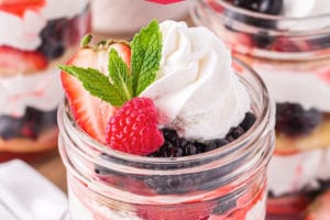 Photo of Berry Shortcake in a Jar with text overlay for Pinterest