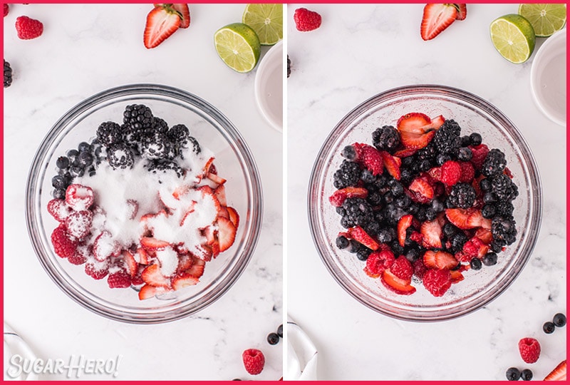 Two-photo collage showing how to make the berries for Mixed Berry Shortcakes in a Jar