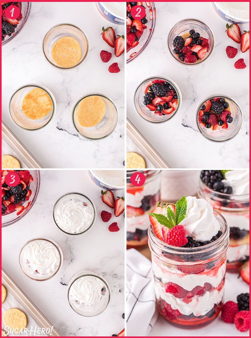 Four-photo collage showing how to assemble Mixed Berry Shortcakes in a Jar