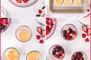 Six photo collage showing how to make Photo of Berry Shortcake in a Jar
