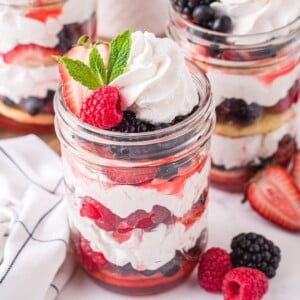 Close-up of Mixed Berry Shortcake in a Jar.