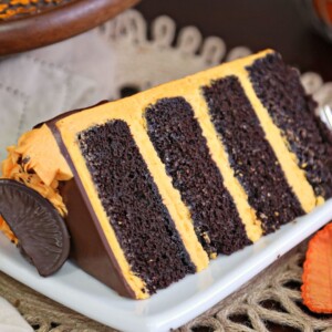 Slice of chocolate cake with orange buttercream between the layers
