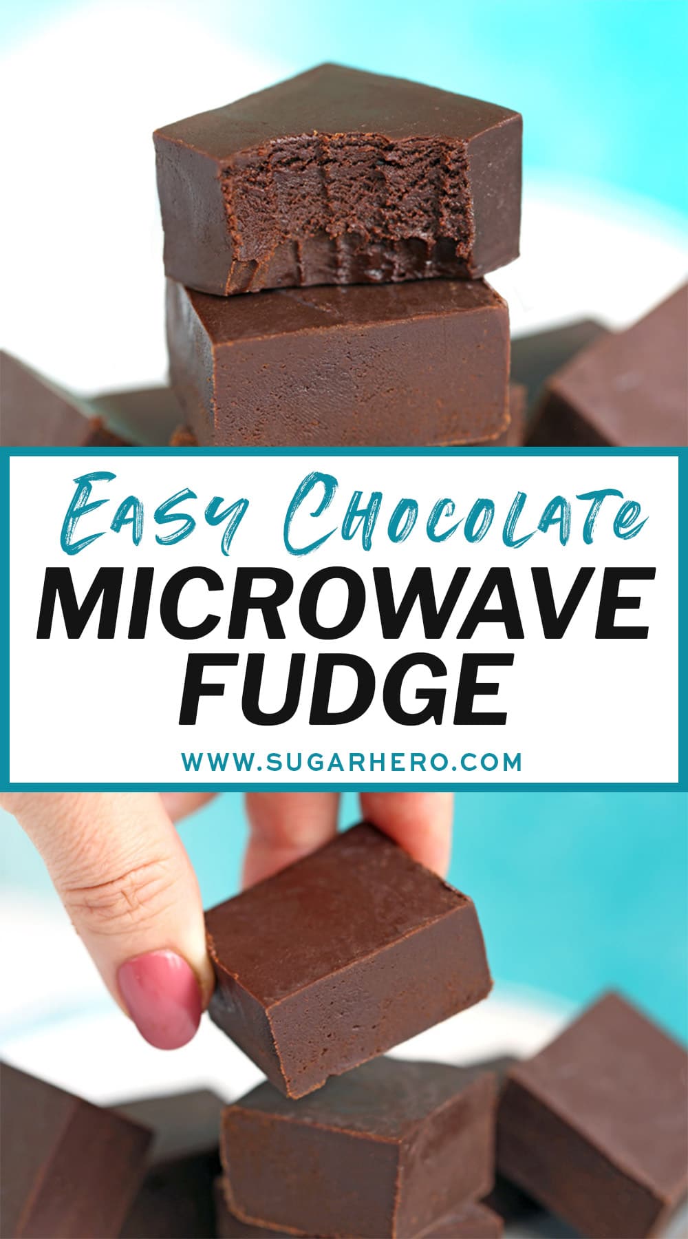 Two photo collage of microwave fudge with text overlay for Pinterest