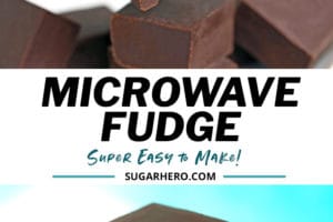 Two photo collage of microwave fudge with text overlay for Pinterest.