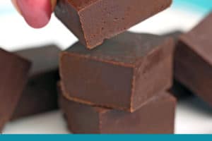 Picture of microwave fudge with text overlay for Pinterest.