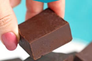 Picture of microwave fudge with text overlay for Pinterest.