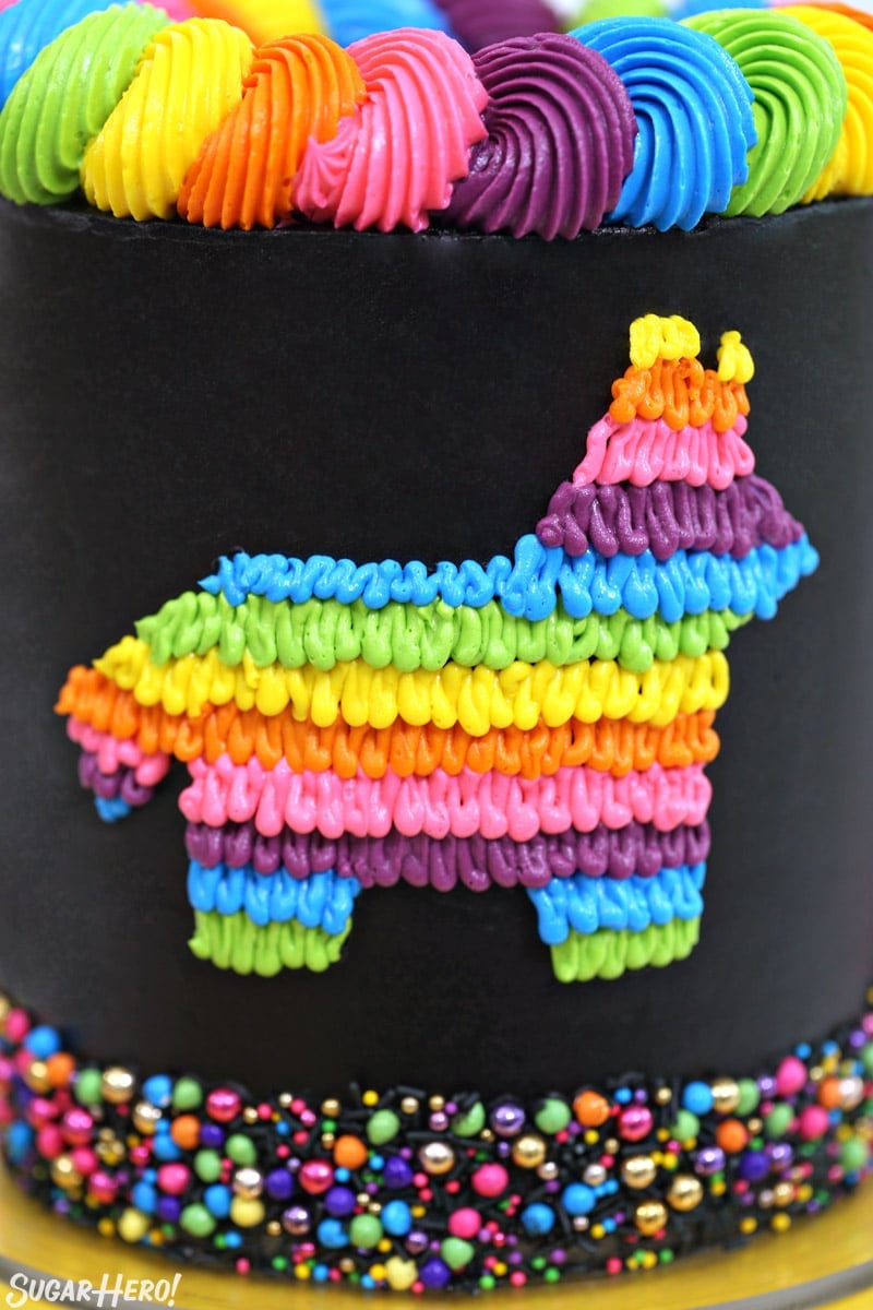 Close-up of the colorful neon donkey design on a black pinata cake