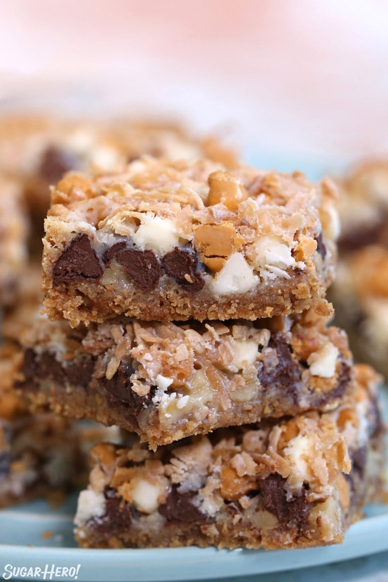 Stack of three cookie Bars on a blue plate