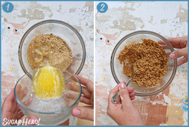 Two photo collage showing how to make graham cracker crust 
