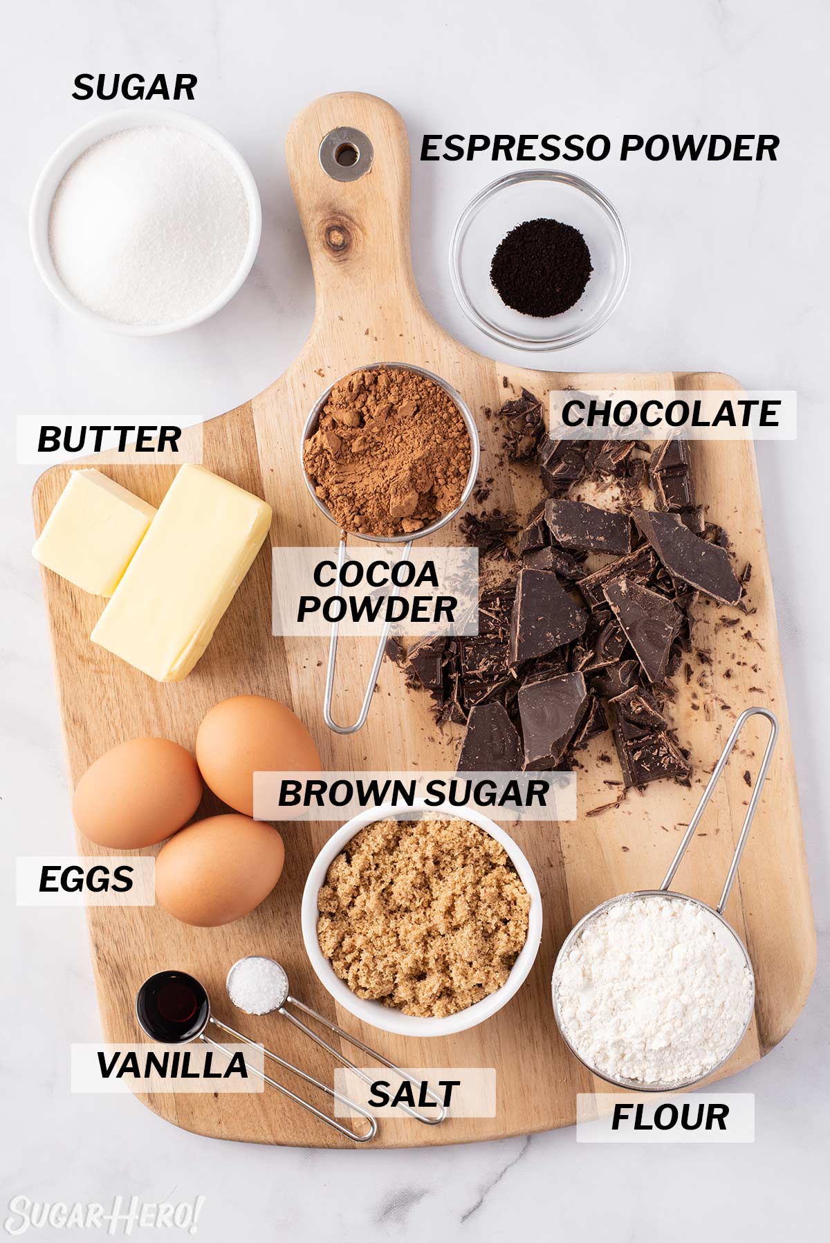 Overhead shot with labelled ingredients for Brown Butter Brownies