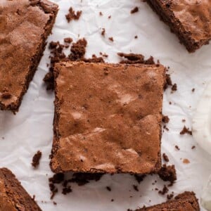 Close-up of Brown Butter Brownie with crumbs around it