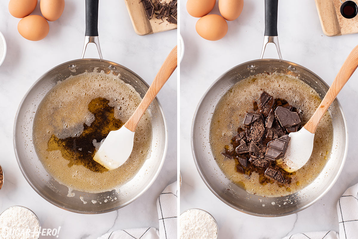 Two photo collage showing the butter and chocolate preparation for Brown Butter Brownies