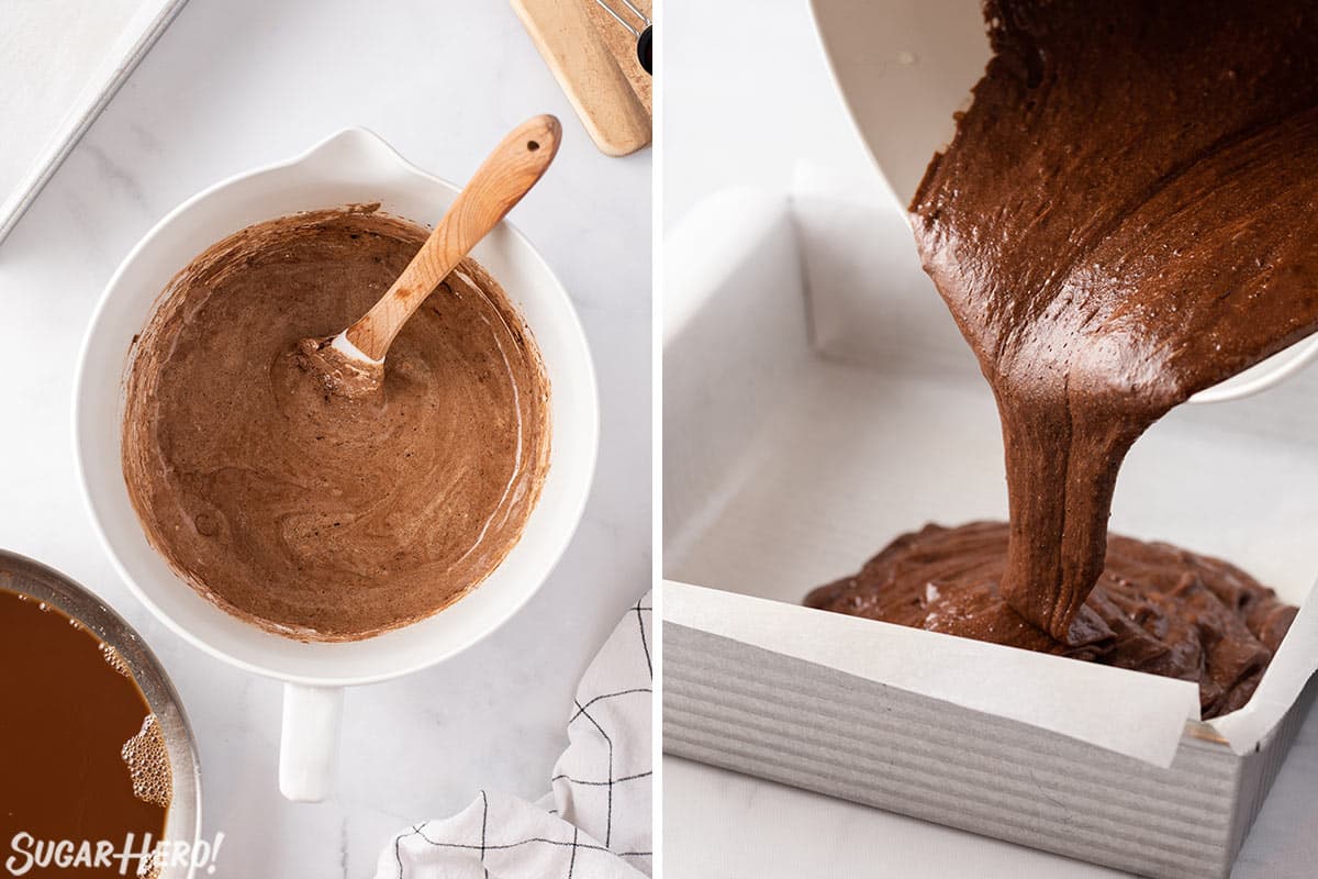 Two photo collage showing how to make the batter for Brown Butter Brownies