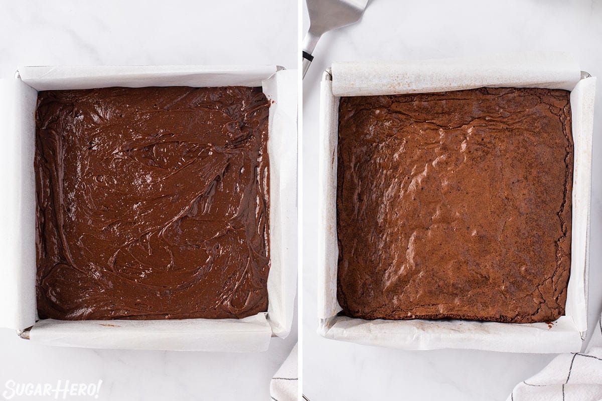 Two photo collage showing unbaked and baked Brown Butter Brownies