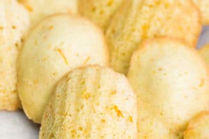 Photo of Lemon Madeleines with text overlay for Pinterest
