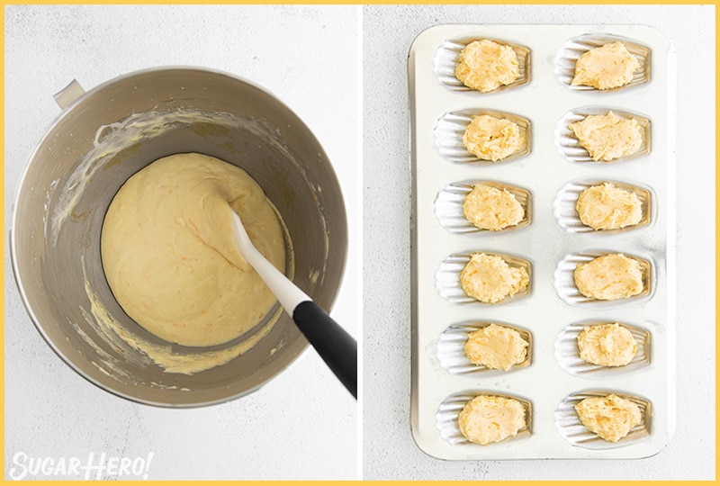 Two photo collage showing how to make Lemon Madeleines