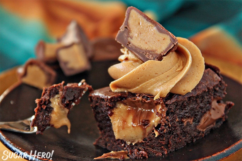 Close-up of Peanut Butter Cup Brownie with bite taken out of it