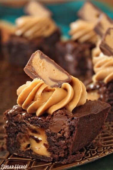 Close-up of Peanut Butter Cup Brownies topped with peanut butter frosting