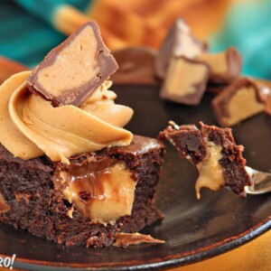 Peanut Butter Cup Brownie with a bite taken out of it by a fork