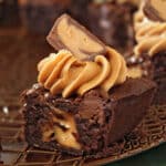 Close-up of peanut butter brownie with a gooey center.