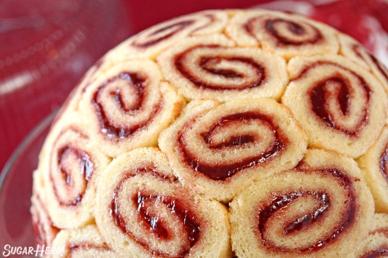 Close-up of Swiss rolls filled with strawberry jam