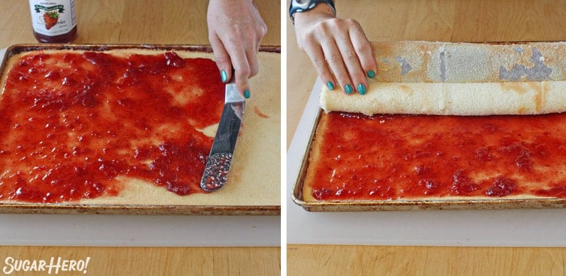 Two-photo collage showing spreading jam on cake and rolling the cake up