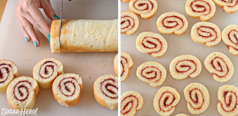 Two-photo collage showing how to slice Swiss cake rolls