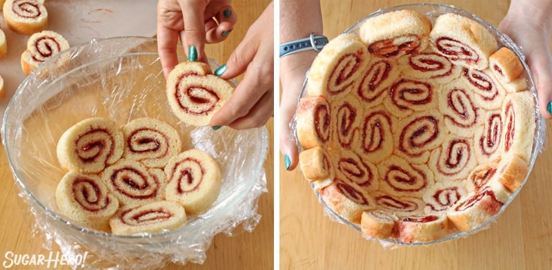 Two-photo collage showing how to arrange Swiss cake rolls