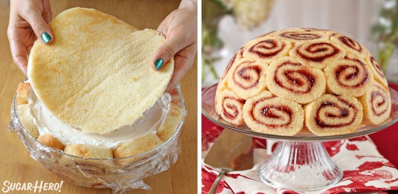 Two-photo collage showing how to finish the Charlotte cake