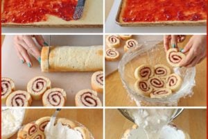 8 photo collage showing how to make a Charlotte Royale Cake