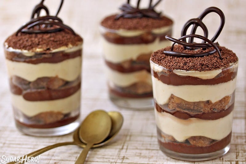 Three cups of Chocolate Tiramisu with gold spoons