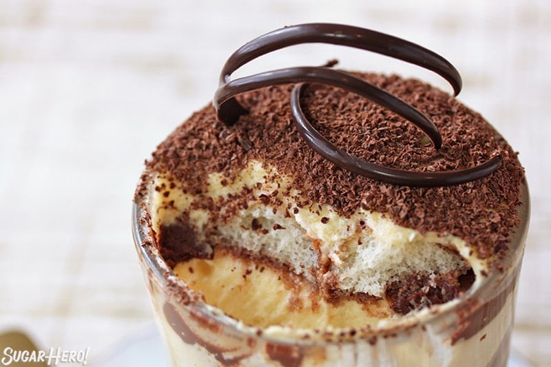 Close-up of Chocolate Tiramisu with a bite taken out of it