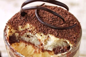 Photo of Chocolate Tiramisu with text overlay for Pinterest