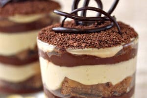 Photo of Chocolate Tiramisu with text overlay for Pinterest