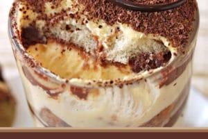 Photo of Chocolate Tiramisu with text overlay for Pinterest