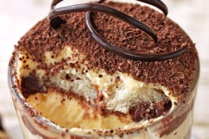 Photo of Chocolate Tiramisu with text overlay for Pinterest