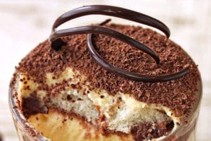 Photo of Chocolate Tiramisu with text overlay for Pinterest